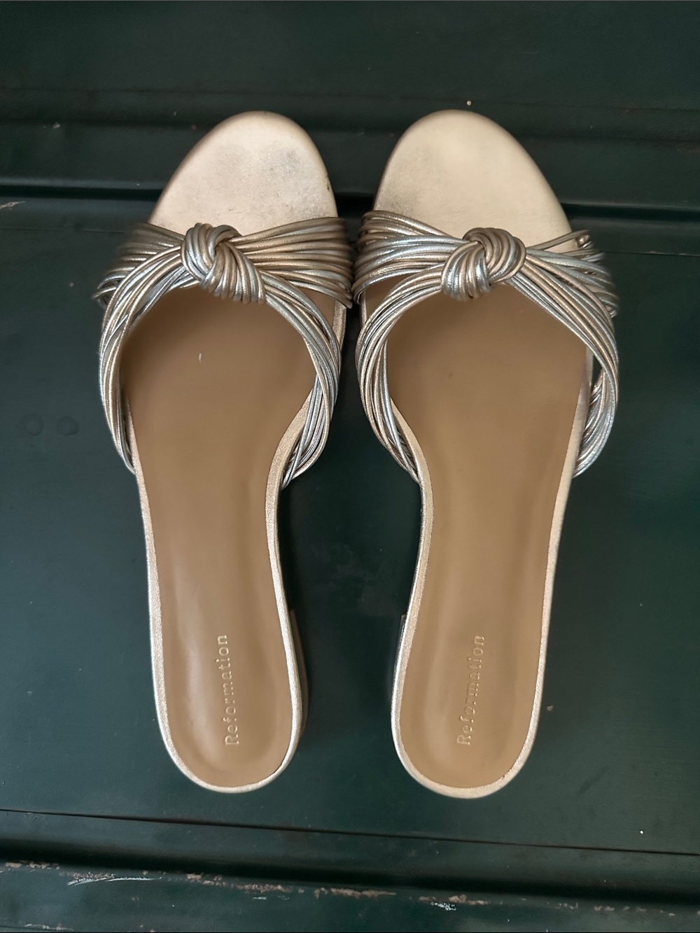 Reformation Metallic Knot-Front Slide Mules